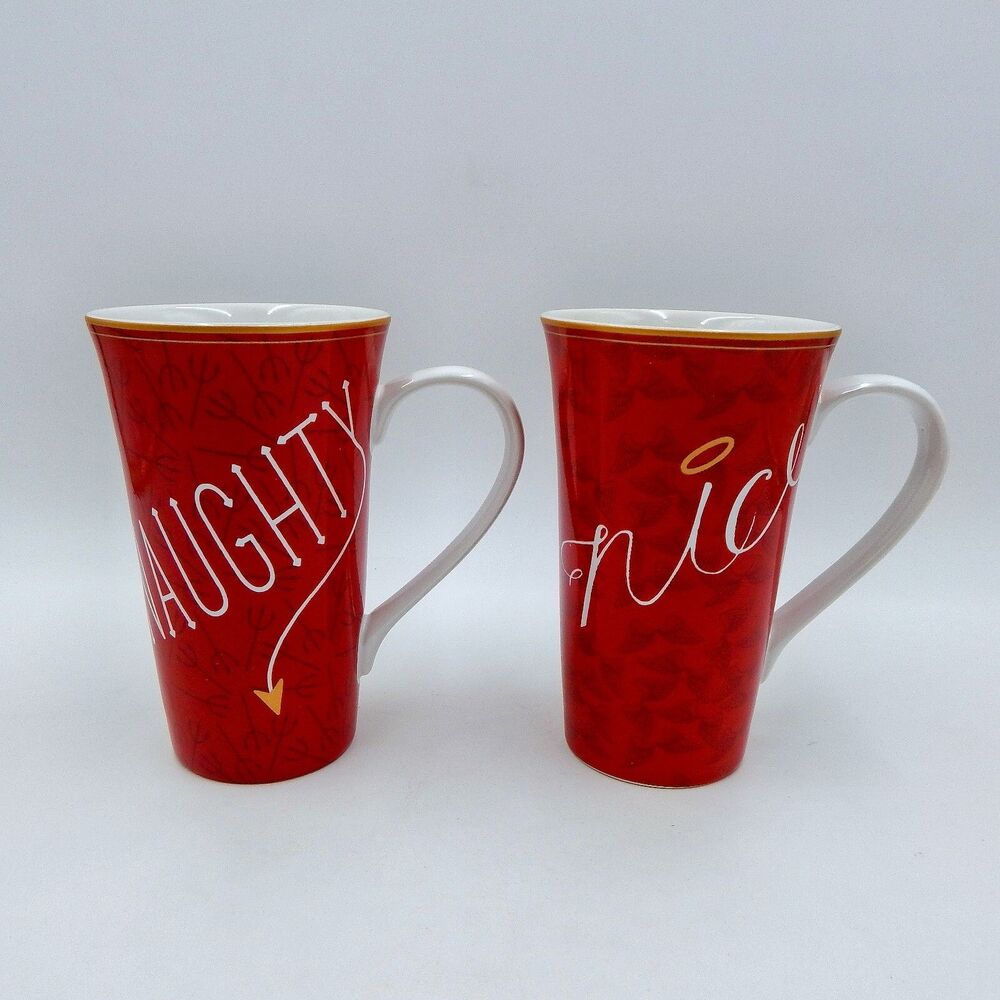 222 Fifth Naughty & Nice Tall Latte Coffee Cup Red Christmas Mugs Holiday S/2